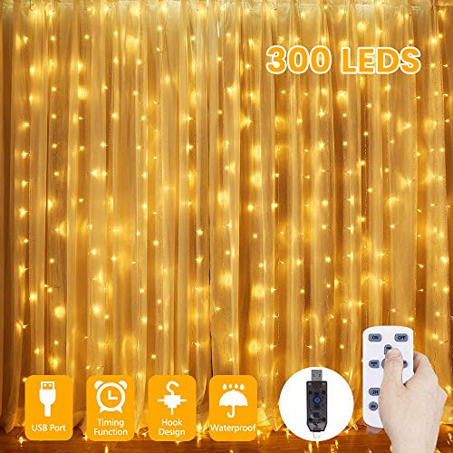 Curtain Lights,GLIME 300 LED Window Curtain String Lights, 8 Modes with Remote & Timer 2/4/6/8h Fairy String Lights for Bedroom Wedding Party Christmas Outdoor Indoor Wall Decoration USB (Warm White)