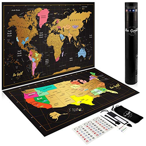 Scratch off World Map - Premium Scratch Off Map of the United States by Be Good Travel - Fun and Colorful Scratch Map Bundle with Outlined US States, Countries and Accessories Set