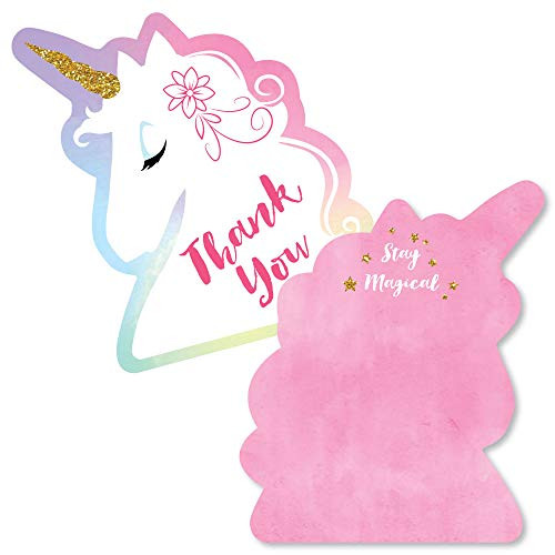 Rainbow Unicorn - Shaped Thank You Cards - Magical Unicorn Baby Shower or Birthday Party Thank You Note Cards with Envelopes - Set of 12