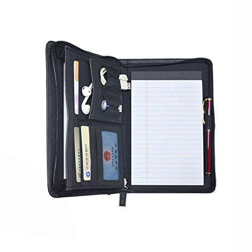 DAKX Padfolio/Portfolio, PU Leather Zippered Padfolio Portfolio Binder 5 x 8 Legal Writing Pad, Professional Business Portfolio for Men & Woman, Card Holder, Notepad Clipboard Holder (Black)