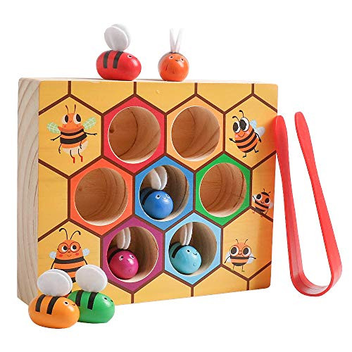 JCREN Toddler Fine Motor Skill Toy - Wooden Clamp Bee to Hive Matching Game Montessori Wood Color Sorting Puzzle Early Learning Preschool Educational Gift Toy for Baby 2 3 4 Years Old Kids