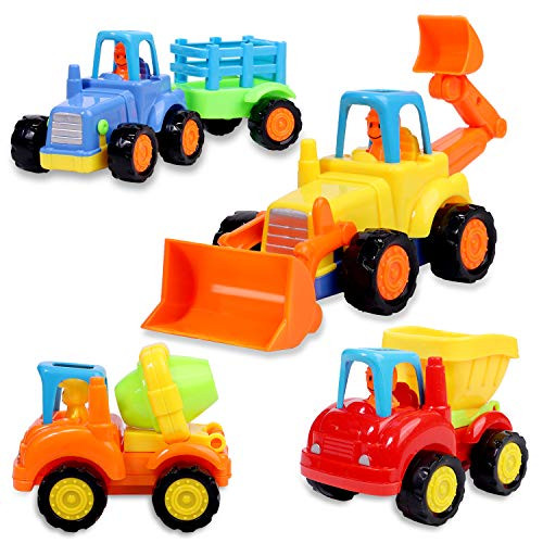 JUOIFIP Friction Powered Cars Push and Go Toys Construction Vehicles Toys Set of 4 - Tractor, Bulldozer, Cement Mixer Truck, Dumper - for Baby Toddlers Children Kids Gift