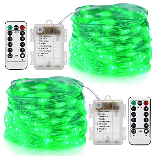 Lhomeled Fairy String Lights Battery Operated Set of 2, Copper Wire String Lights Firefly Lights 16.5ft 50 LEDs | Timer | Remote Control | Indoor Outdoor for Christmas Tree Party Halloween Decor Green