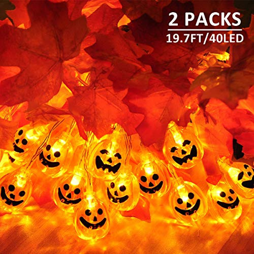 MAOYUE 2 Pack Halloween Lights Outdoor 19.7ft 40 LED Halloween String Lights 3D Pumpkin Lights Battery Operated Jack-O-Lantern Lights 8 Modes for Halloween Decorations Outdoor, Indoor, Party