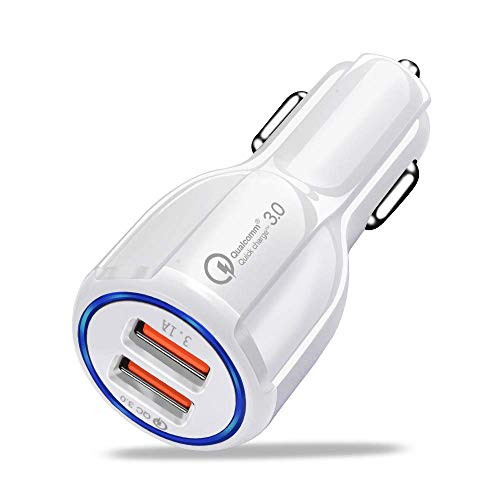 Car Charger Adapter White - USB Dual Smart Port, Max 30W Output with Qualcomm-Quick Charge 3.0 - Multiple Fast Charging - Compatible for iPhone, Samsung and Android