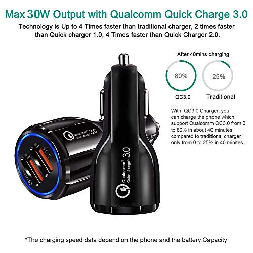 Car Charger Adapter Black - USB Dual Smart Port, Max 30W Output with Qualcomm-Quick Charge 3.0 - Multiple Fast Charging - Compatible for iPhone, Samsung and Android