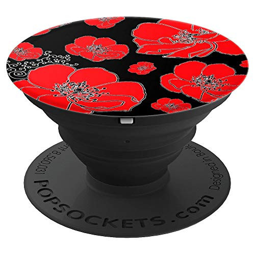 Red Poppy Flowers Black Background - PopSockets Grip and Stand for Phones and Tablets