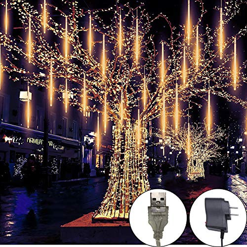 Meteor Shower Rain Lights, 8 Tube 144 LEDs Outdoor Christmas String Light, Plug Powered Waterproof Snow Falling Raindrop Icicle Cascading Decoration Lights for Party Garden Home (Warm White)