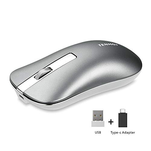 TENMOS T5 Slim Wireless Mouse, 2.4G Silent Travel Mouse with USB Receiver Type-C Adapter, Rechargeable Wireless Computer Mice for Laptop/PC/Mac (Grey)