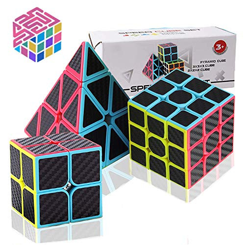 Speed Cube Set, Carbon Fiber Sticker Puzzle Cube Bundle Magic Cube Set of 2x2x2 3x3x3 Pyramid Speedcube