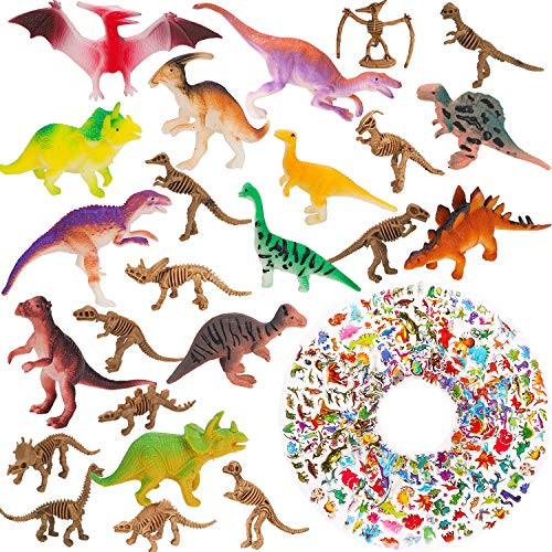 WATINC 64Pcs Kids Dinosaur Toy Kit Medium Realistic Vinyl Assorted Dinosaurs Figures Mini Dino Fossil Skeleton Figurines Kawaii Deco Sticker Jurassic World Party Supplies Miniatures Model Playset