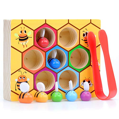 WOOD CITY Toddler Fine Motor Skill Toy, Clamp Bee to Hive Matching Game, Colorful Sorting Puzzle for Toddler 2 3 Years Old, Early Educational Montessori Toys Gift for Girls and Boys