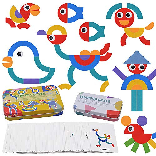 Xplanet Wooden Pattern Blocks Tangram Jigsaw Puzzle , Montessori Educational Toy Sorting and Stacking Games for Toddlers Kids Boys Girls Age 3+ Years Old and Classroo