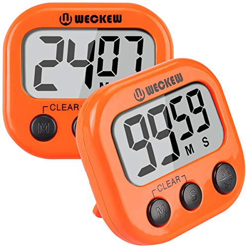 WECKEW Digital Kitchen Cooking, Large Display, Strong Magnet Back, Loud Alarm, Memory Recall Function, Count up Countdown Timer for Kids Baking Exercise Game (2 Pack, Orange),