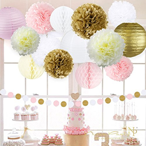 Pink and Gold Party Decorations, Pom Poms Flowers Kit +Circle paper Garland + Tissue Paper lantern for 1st birthday decorations Kids Birthday Bridal Shower Baby Shower wedding