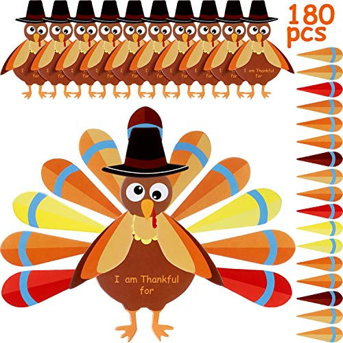 12 Pieces Thanksgiving Turkey Craft Paper with 132 Pieces Colorful Feathers and Adhesive Dot for Thanksgiving Party Craft Supplies