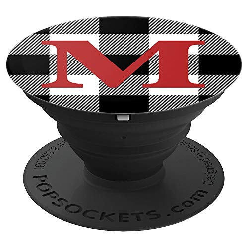 M Initial Monogram Black White Buffalo Plaid Capital Letter PopSockets Grip and Stand for Phones and Tablets