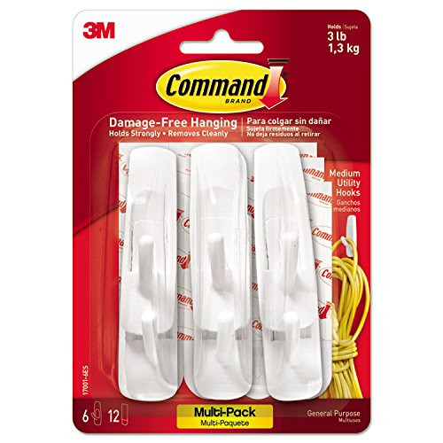 Command 170016ES Reusable Adhesive Hooks, Medium, Value Pack, 6/PK,WE