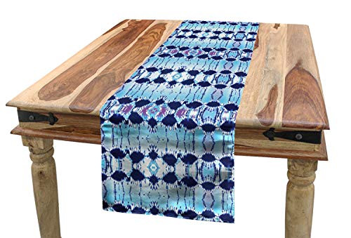 Ambesonne Ethnic Table Runner, Pattern in Blue Shades Psychedelic Batik Design, Dining Room Kitchen Rectangular Runner, 16" X 72", Pale Blue Navy Blue and Fuchsia