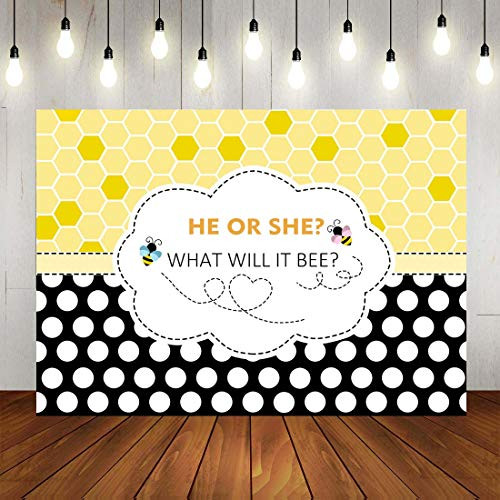 Fanghui 7x5FT Bee Theme Gender Reveal Party Photography Backdrop Bumble Bee He or She What Will it Bee Background Honeycomb Dots Bee-Day Party Banner Supplies Photobooth Props