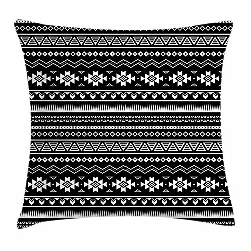 Lunarable Aztec Throw Pillow Cushion Cover, Monochrome Tribal Vintage Pattern Archeology History and Art Theme Cultures, Decorative Square Accent Pillow Case, 18" X 18", White and Black
