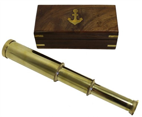 9" Handheld Brass Telescope - Nautical Pirate Spy Glass with Wood Box