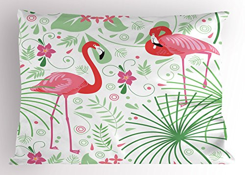 Ambesonne Nautical Pillow Sham, Floral Pattern Flamingo Botany Greenery Floral Romantic Feminine Design Art, Decorative Standard Size Printed Pillowcase, 26" X 20", Green Pink White