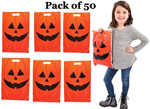 GIFTEXPRESS Pack of 50, 11" X 17" Jack O Lantern Trick or Treat Bag/ Halloween Trick or Treat Bag/ Halloween Party Goody Bags/ Jack O Lantern Plastic Bags Bags