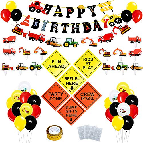 Construction Birthday Party Decorations Set,Dump Truck Party Decorations for Kids Birthday party,with Cake Toppers, Happy Birthday Banner, Construction Paper Banner, Balloons, Signs,Construction Party Supplies for Bday Party.