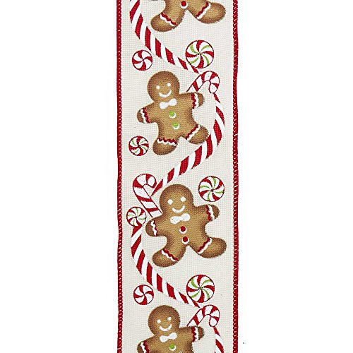 Kurt Adler Kurt S. Adler 10-Yard Woven White Fabric Gingerbread Men & Peppermint Candy Pattern Ribbon
