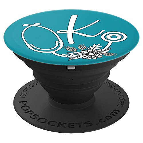 Monogram Initial K - Pretty Nurse Floral Teal Stethoscope - PopSockets Grip and Stand for Phones and Tablets
