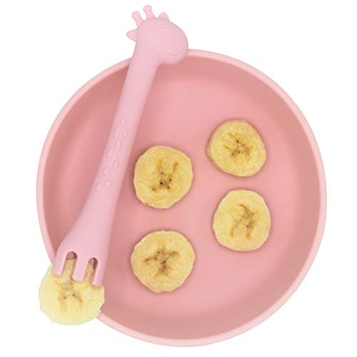 You're Only Little Once Silicone Suction Bowl with Training, Teething Giraffe Spoon/Fork for Babies and Toddlers (Pink Bowl & Spoon Set)
