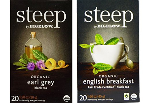 Steep By Bigelow Organic Black Tea 2 Flavor Variety Bundle, (1) each: Earl Grey and English Breakfast (20 Count)
