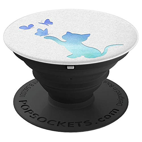 Purple Blue Green Watercolor Cat Kitten Silhouette On White PopSockets Grip and Stand for Phones and Tablets