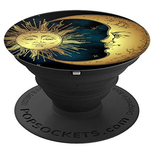 Boho Chic Golden Sun Crescent Moon And Stars Over Dark Sky - PopSockets Grip and Stand for Phones and Tablets