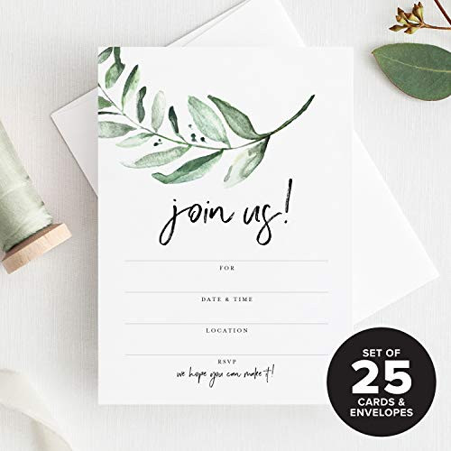 Bliss Collections 25 Invitations with Envelopes for All Occasions, Greenery Invites Perfect for: Weddings, Bridal Showers, Engagement, Birthday Party or Special Event, Fill in Rustic Invites
