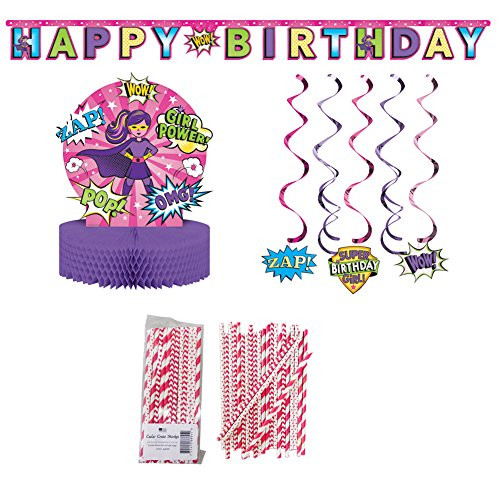 Superhero Girl Birthday Decorations Party Supplies Pack: Straws, Party Banner, Dizzy Danglers, and Honeycomb Centerpiece