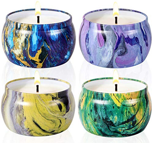 Scented Candles Gift Sets - 4.4Oz Natural Soy Wax,Vanilla Lemon Jasmine and Lavender Fragrance, Portable Travel Tin Perfect for Stress Relief and Women Aromatherapy, Set of 4