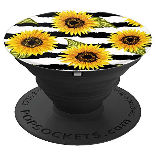 Cute Yellow Sunflowers Pattern - Black White Striped PopSockets Grip and Stand for Phones and Tablets