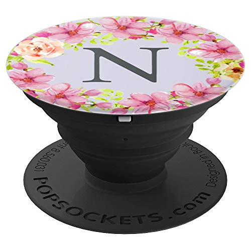 N Monogram Floral Ring Initial Letter N Monogram Watercolor - PopSockets Grip and Stand for Phones and Tablets