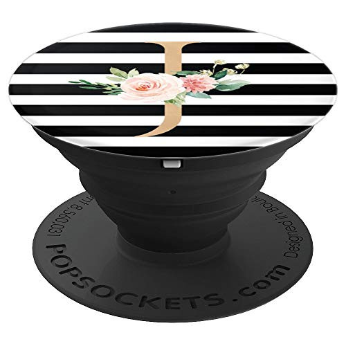 Initial J Black White Stripe Monogram Floral Letters - PopSockets Grip and Stand for Phones and Tablets