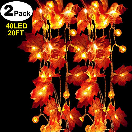 Maple Leaves Pumpkin String Lights Thanksgiving Decor Fall Garland Decor, Fall Decoration Seasonal Light for Party Indoor Outdoor Decor Gift 3AA Battery Power Waterproof 2Pack (Total 20ft 40 LED)