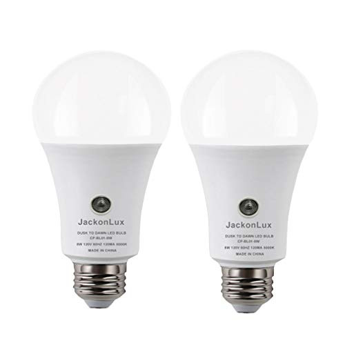 Dusk to Dawn Light Bulb JackonLux Outdoor Smart Light Bulb A19 8W 800 LM 5000K UL Listed Automatic On/Off Sensor Bulb for Yard Porch Patio Garage Garden (Daylight, 2 Pack)