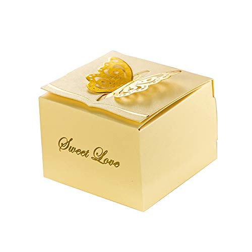 KAZIPA 50pcs Laser Cut Candy Boxes,2.6" x 2.6" x 1.6" Butterfly Favor Boxes for Annivesary Party Wedding Favor, Light Yellow
