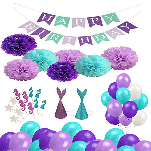 Mermaid Party Supplies-Girls Birthday Party Decorations Pack of Happy Birthday Banner, Paper pom poms flowers, Mermaid party hats, Mermaid cupcake toppers, Latex balloons, 76pcs