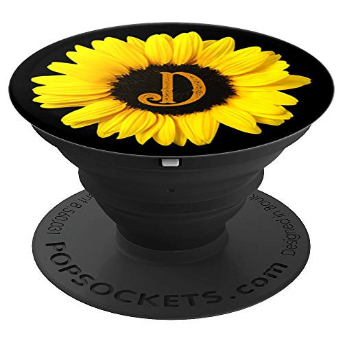 Cute Yellow Sunflower Flower Monogram with Letter D Initial - PopSockets Grip and Stand for Phones and Tablets