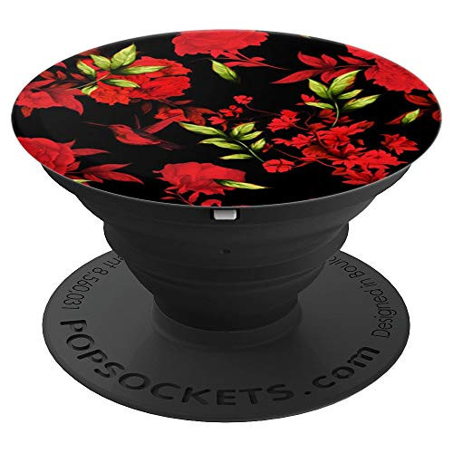 Cute Red Rose Floral Pattern on Black     PopSockets Grip and Stand for Phones and Tablets