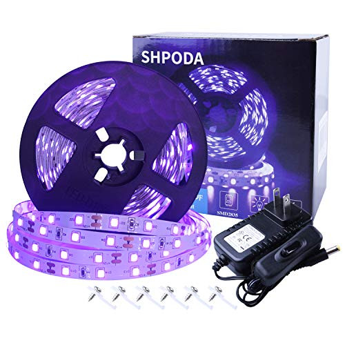 SHPODA 16.4ft LED UV Black Light Strip Kit, 300 Units UV Lamp Beads,12V Flexible Blacklight Fixtures,5M LED Ribbon,Non-Waterproof for Indoor, Birthday, Wedding, Dark Party