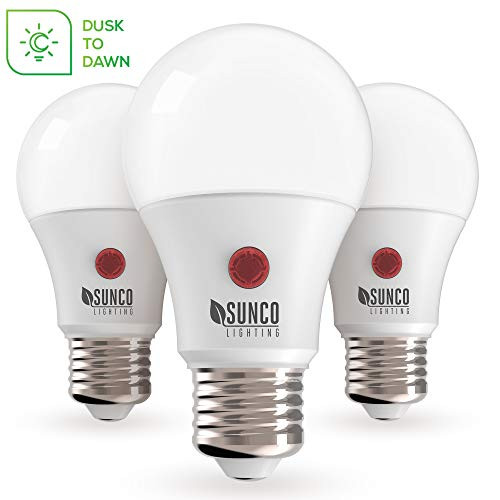 Sunco Lighting 3 Pack A19 LED Bulb with Dusk-to-Dawn, 9W=60W, 800 LM, 4000K Cool White, Auto On/Off Photocell Sensor - UL