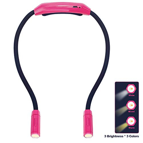 Vekkia Rechargeable Book Light Neck Lamp - LED Reading Lights with 3 Brightness x3 Color Levels, Flexible Soft Rubber Arms, Hands Free for Reading in Bed at Night, Running, Walking&Knitting (Pink)